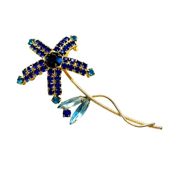 Vintage Mid Century Brooch Flower Power Pin Delicate Gold Blue Aqua Rhinestones - Picture 2 of 9